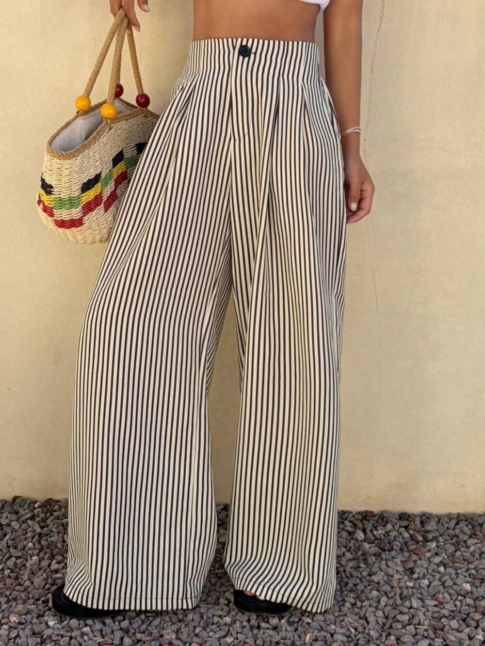 Black Casual Women's Striped Wide Leg Pants